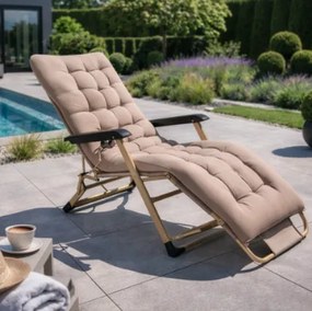 Сгъваем градински, плажен шезлонг с възглавница и облегалка за глава - златиста конструкция