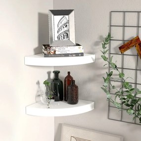 323887 vidaXL Плаващи ъглови рафтове, 2 бр., бяло, гланц, 25x25x3,8 см, MDF