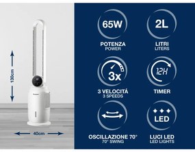 Въздушен охладител кула Beper P206RAF300, 65W, 3 скорости, 2 л, Йонизация, LED, Сензорен дисплей, Бял
