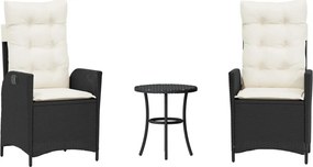 365272 vidaXL Бистро комплект с възглавници 3 части черен полиратан