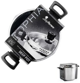 Дълбока тенджера Luigi Ferrero Sophia FR-3407, 20x18 см, 5.6 л, Стомана 18/10, Стъклен капак с отвор за пара, Индукция, Инокс