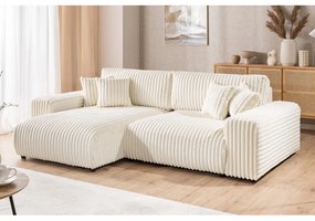 Кремав разтегателен ъглов диван от рипсено кадифе с място за съхранение (ляв ъгъл) Sarina – Ropez