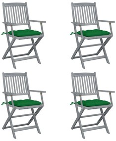 3064529 vidaXL Сгъваеми градински столове, 4 бр, с възглавници, акация масив