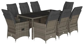 3276743 vidaXL Градински трапезен комплект 9 части с възглавници сив полиратан
