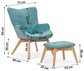 Тюркоазен фотьойл с табуретка от рипсено кадифе Niko – Ropez