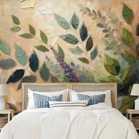 Самозалепващ тапет – Художествени зелени листа на бежов фон