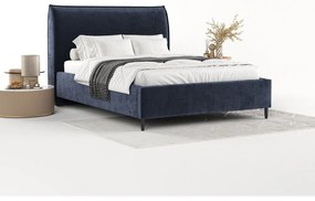 Тъмносиньо тапицирано двойно легло с място за съхранение с включена подматрачна рамка 180x200 cm Shell – Maison de Rêve