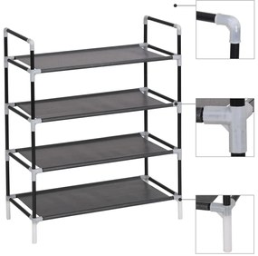 245628 vidaXL Стелаж за обувки с 4 рафта, метал и нетъкан текстил, черен