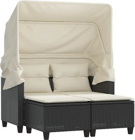 365780 vidaXL 2-местен градински диван със сенник и табуретки черен полиратан