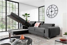 Тъмносив кадифен разтегателен ъглов диван с място за съхранение (ляв ъгъл) Grayson – ELTAP