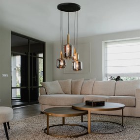 Висяща лампа черна със злато с опушено стъкло 5-светлина - Zuzanna