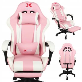 Геймърски стол Xgaming с поставка за крака - розов и бял