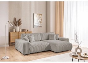 Светлосив разтегателен ъглов диван от рипсено кадифе с място за съхранение (десен ъгъл) Sarina – Ropez