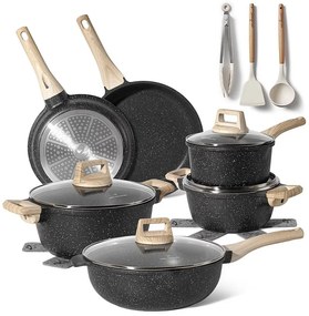 Разопакован: Комплект тенджери и тигани Just Perfecto JL-789, 15 ч, Отливка, Мраморно покритие, Индукция, Аксесоари, Черен