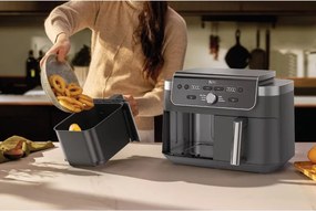 Двоен фритюрник с горещ въздух Ninja Foodi Dual Zone DZ901EU, 2470W, Независими зони за готвене, 9.5 л, 6 програми, 40-240C, Max Crisp, Sync, Сив/Инокс