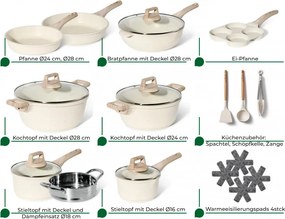 Разопакован: Комплект тенджери и тигани Just Perfecto JL-721, 21 ч, Отливка, Мраморно покритие, Индукция, Съд за готвене на пара, Аксесоари, Бежов