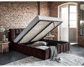 Тъмнокафяво двойно легло 180x200 cm тапицирано с място за съхранение с включена подматрачна рамка Lamica – ELTAP