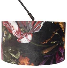 Висяща лампа черна с кадифена абажур с цветя със злато 35 см - Blitz