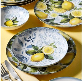 Сервиз за хранене, 24 части, порцелан — синьо/жълто/зелено