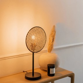 Ръстична настолна лампа черна с ратан 25 см - Kata