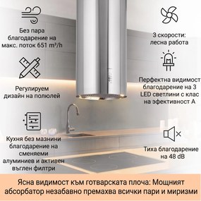 Klarstein Bolea, островен абсорбатор, Ø38см, режим на рециркулация/ засмукване на въздух, 600м³/ч, включително филтри с активен въглен