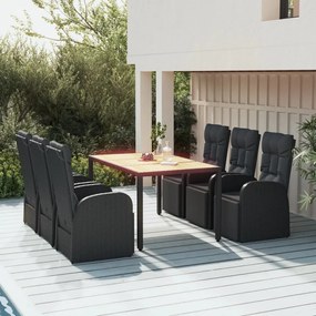 3157609 vidaXL Градински трапезен комплект, 7 части, черен, полиратан и акация