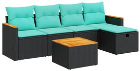 3325907 vidaXL Градински диван с възглавници, 6 части, черен, полиратан