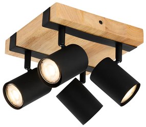 Таванна лампа черна с дърво 4-светлина регулируема правоъгълна - Jeana