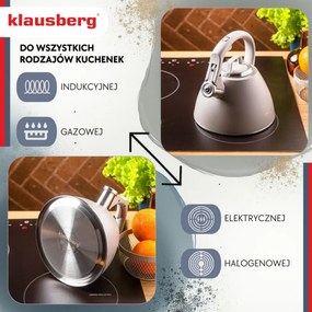 Свирещ чайник Klausberg KB 7953, 2.5 л, Неръждаема стомана, Топлоизолирана дръжка, Индукция, Бежов