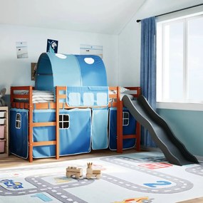 3309108 vidaXL Детско високо легло с тунел, синьо, 90x200 см, бор масив
