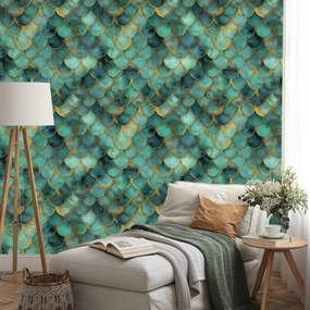 Самозалепващ тапет – Зелени морски люспи със златен оттенък