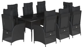 3213182 vidaXL Градински трапезен комплект възглавници 9 части черен полиратан