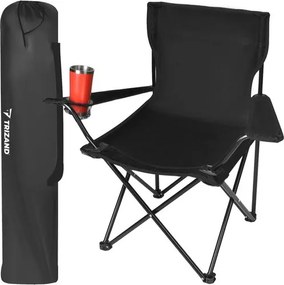 Сгъваем риболовен стол с подлакътници и поставка за напитки - черен