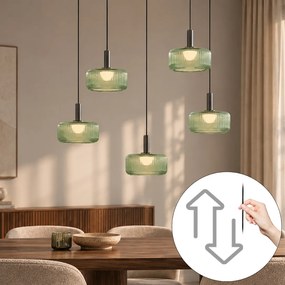 Fiera Designer Pendant Lamp: Gunmetal Finish with Green Glass, Integrated LED, 3-Step Dimmable, 5-Light Easylift