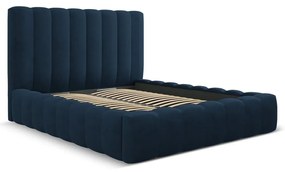 Тъмносиньо тапицирано двойно легло с място за съхранение с включена подматрачна рамка 160x200 cm Kelp – Micadoni Home