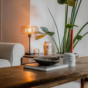 Арт Деко настолна лампа черна с кехлибарено стъкло - Bizle