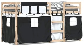 3283928 vidaXL Двуетажно легло със завеси, бяло и черно, 90x200 см, бор масив