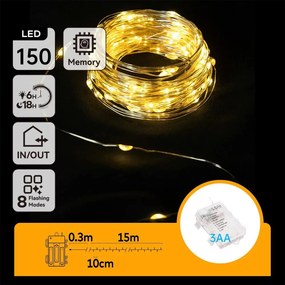 Aigostar -LED външен коледен гирлянд 150xLED/8 функции 3xAA 15,3m IP44 топло бяло