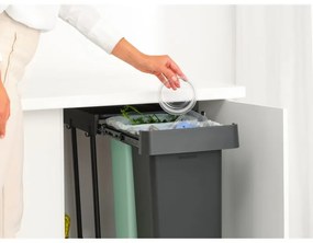 Кош за разделно събиране на боклук Brabantia Sort&Go 1008863, 2x30 л, Вътрешен монтаж с телескопична рамка, Сив/зелен