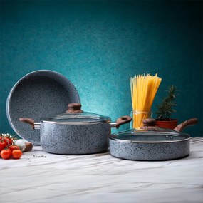 Тенджера Oliver Voltz Siena OV51318J22D, 22 см, 4.3L, Дълбока, Мраморно покритие, Индукция, Меки дръжки, Сив/кафяв