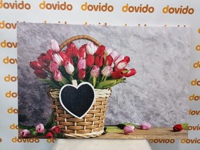 Картина на платно – Червени лалета в дървена кошница