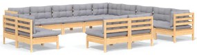 3096886 vidaXL Градински комплект със сиви възглавници, 13 части, бор масив