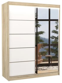 Гардероб с плъзгащи врати с огледало LIMBA, 150x200x58, Сонома/бял + LED