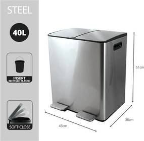 Стоманено кошче за боклук 2x20 l за рециклиране с педал в матово сребрист цвят Aliya – Spirella