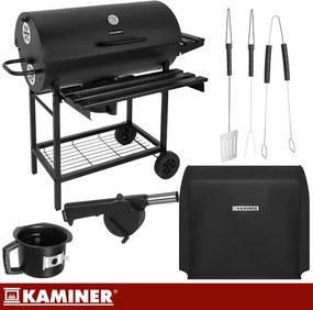 Голяма градинска скара на дървени въглища с капак и термометър