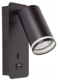 Стенен спот с USB зарядно 1xGU10/35W/230V черен