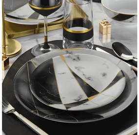 Комплект за хранене 24 части, черен/бял/златен, от порцелан