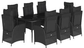 3213183 vidaXL Градински трапезен комплект възглавници 9 части черен полиратан