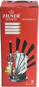 Комплект ножове с поставка ZILNER ZL 5127, 8 части, Точило, Ножици, Неръждаема стомана, Черен