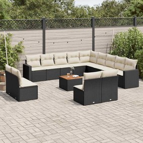 3256707 vidaXL Градински диван с възглавници, 14 части, черен, полиратан